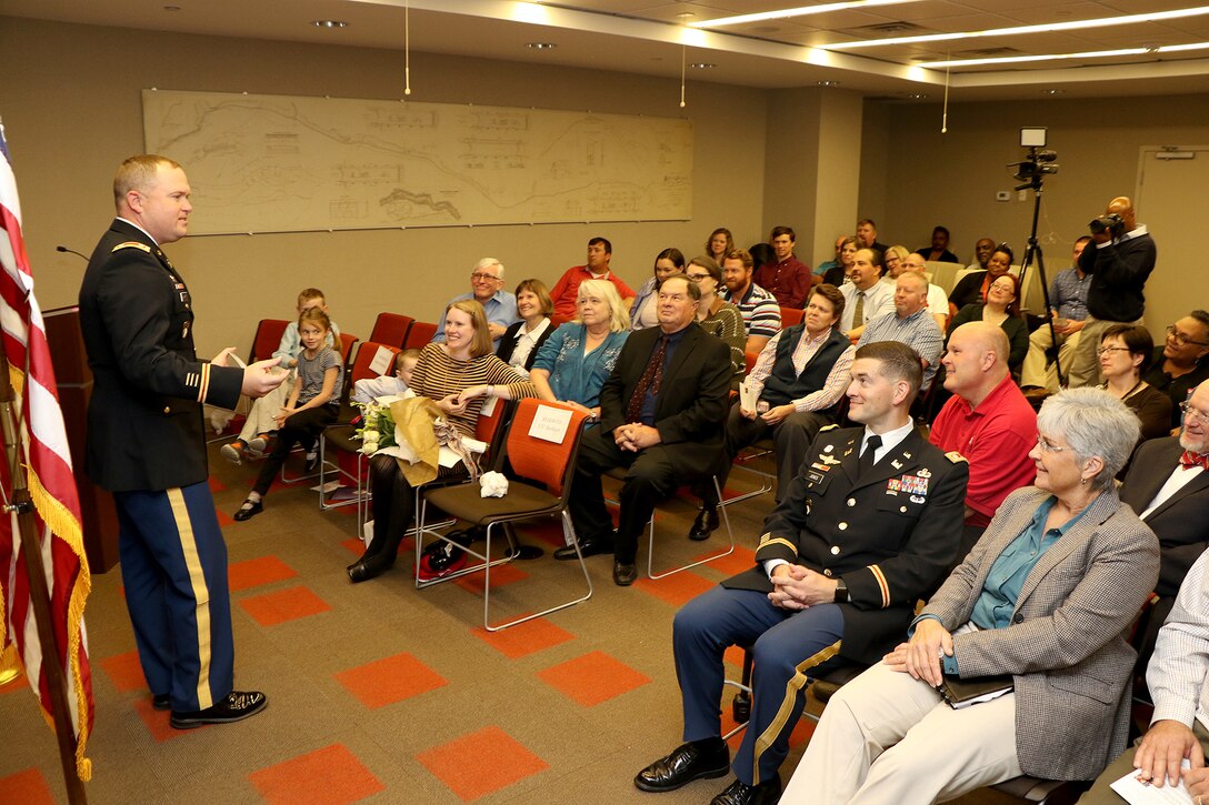 Lt. Col. Christopher Burkhart, U.S. Army Corps of Engineers Nashville District commander, gives his farewell address to family, friends and members of the district during a ceremony at the district headquarters in Nashville, Tenn., Nov. 2, 2017. (USACE photo by Mark Abernathy)