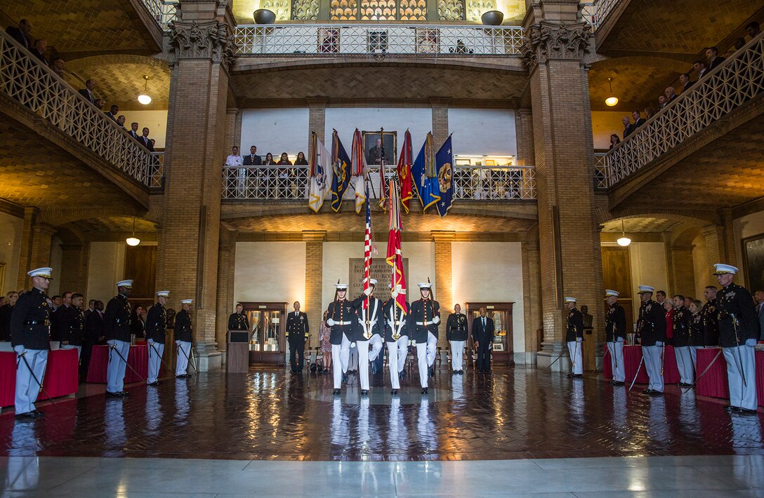 The U.S. Marine Corps Color Guard marches in the rotunda of Roosevelt Hall for the National Defense University’s Marine Corps Birthday Ball at Fort McNair, Washington D.C., Nov. 2, 2017. The Barracks supports Marine Corps Birthday ceremonies throughout the National Capitol Region to honor and celebrate the birth of the Corps.