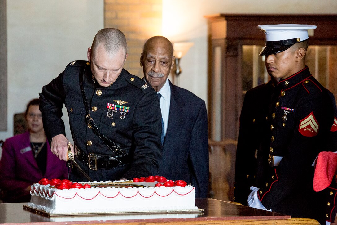 A Marine officer with the National Defense University cuts the traditional birthday cake during NDU’s Marine Corps Birthday Ball at Fort McNair, Washington D.C., Nov. 2, 2017. The Barracks supports Marine Corps Birthday ceremonies throughout the National Capitol Region to honor and celebrate the birth of the Corps.
