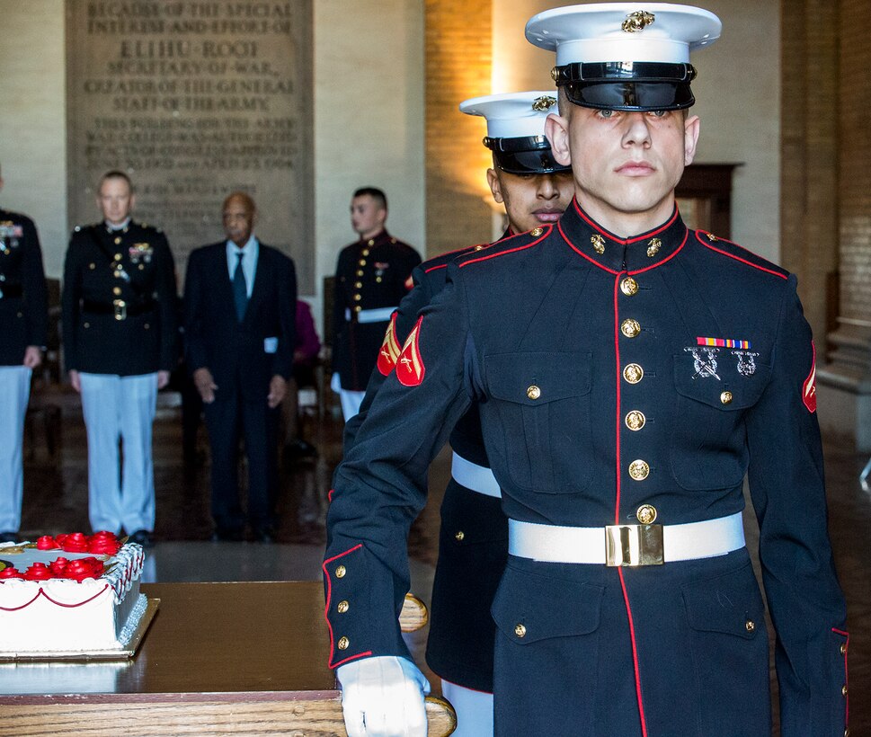 Members of a cake cutting detail with Marine Barracks Washington D.C. march through the rotunda in Roosevelt Hall during the National Defense University’s Marine Corps Birthday Ball at Fort McNair, Washington D.C., Nov. 2, 2017. The Barracks supports Marine Corps Birthday ceremonies throughout the National Capitol Region to honor and celebrate the birth of the Corps.