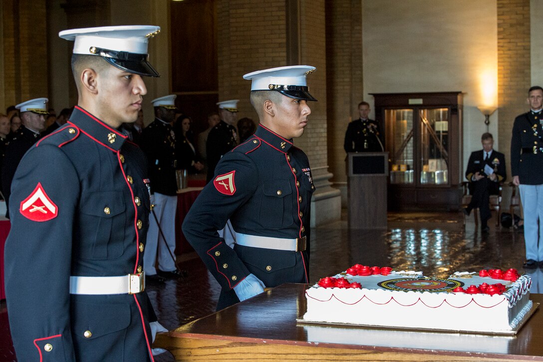 Members of a cake cutting detail with Marine Barracks Washington D.C. march through the rotunda in Roosevelt Hall during the National Defense University’s Marine Corps Birthday Ball at Fort McNair, Washington D.C., Nov. 2, 2017. The Barracks supports Marine Corps Birthday ceremonies throughout the National Capitol Region to honor and celebrate the birth of the Corps.