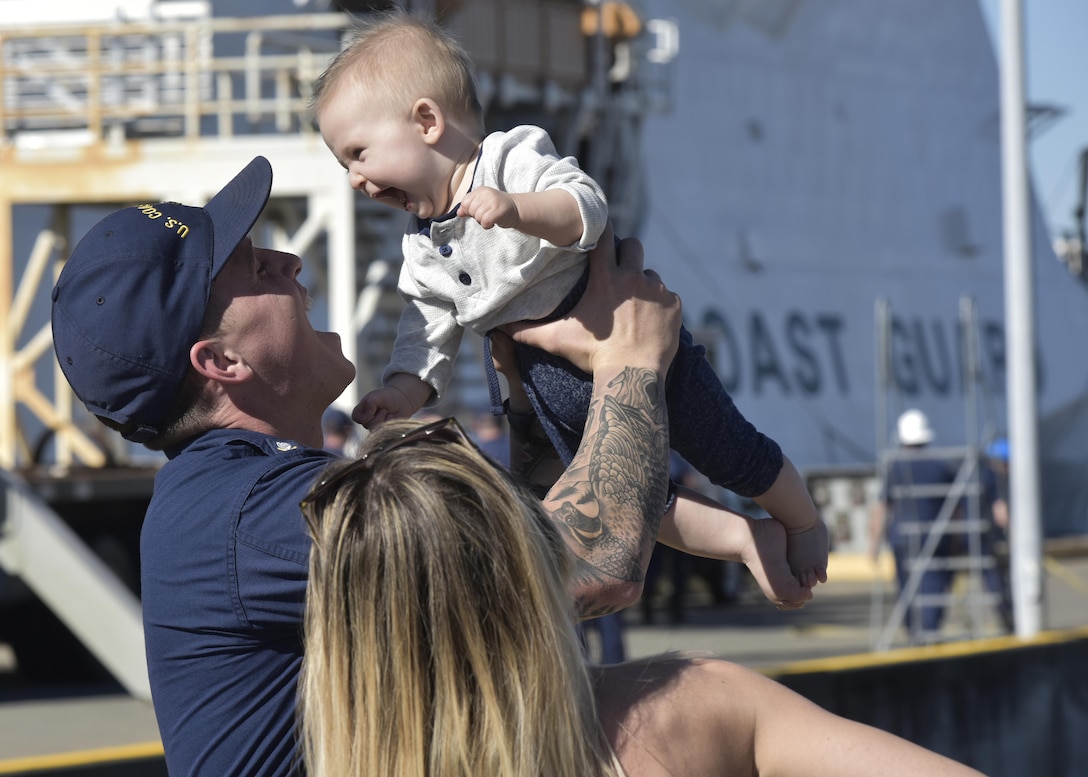 Image of Coast Guard family reunion after the Cutter Bertholf returned to homeport