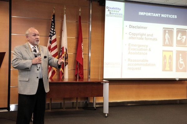 Ed Flores, a disability employment consultant with the California Department of Rehabilitation, speaks to the Los Angeles District Oct. 24 at the downtown Los Angeles headquarters in observance of National Disability Employment Awareness Month. His presentation sought to eliminate the stigma associated with disability.