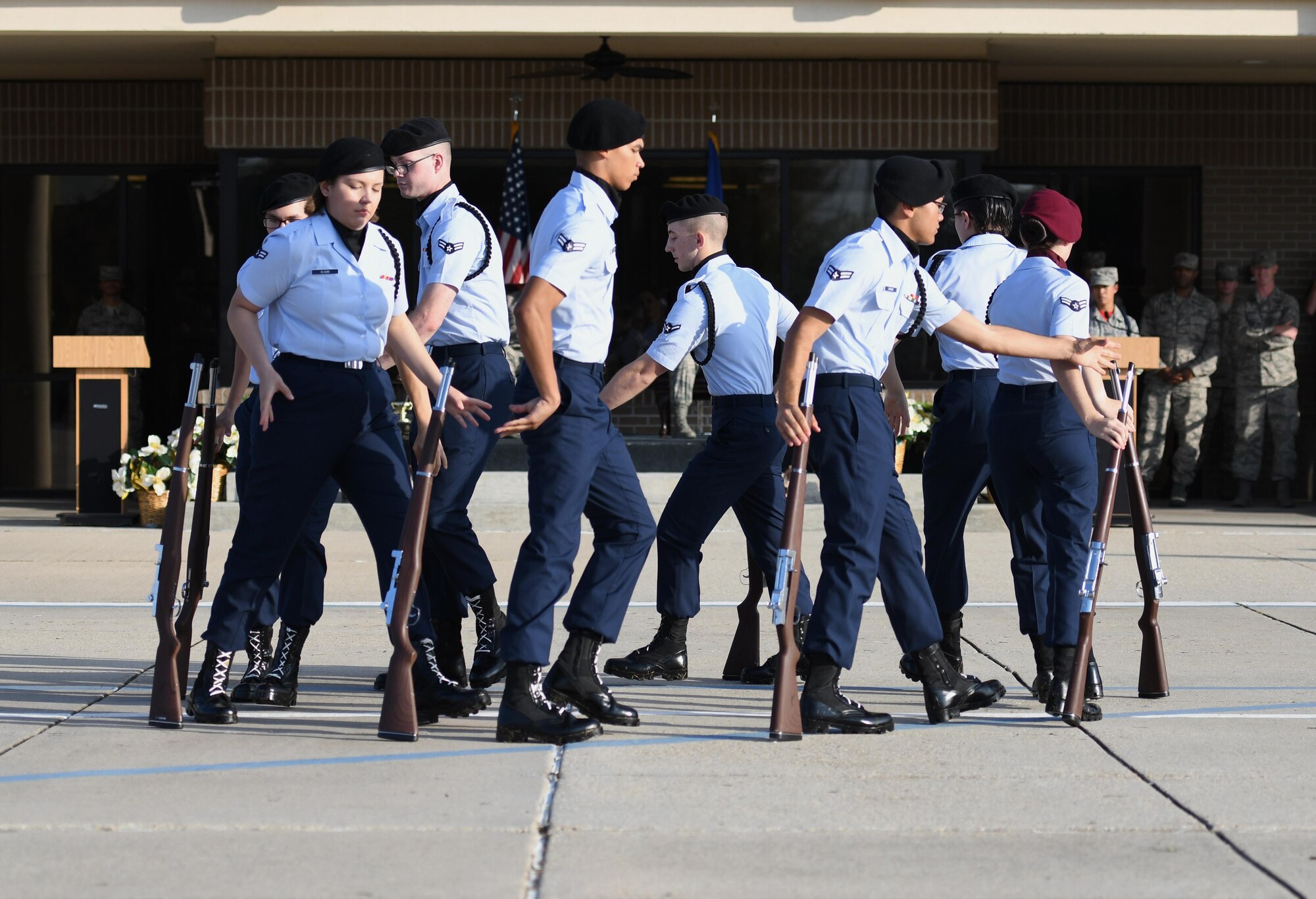 Members of the 335th Training Squadron freestyle drill team perform during the 81st Training Group drill down on the Levitow Training Support Facility drill pad Nov. 3, 2017, on Keesler Air Force Base, Mississippi. Airmen from the 81st TRG competed in the final quarterly open ranks inspection, regulation drill routine and freestyle drill routine. The 338th TRS Dark Knights took first place this quarter, while the 334th TRS Gators took first place for the year. (U.S. Air Force photo by Kemberly Groue)