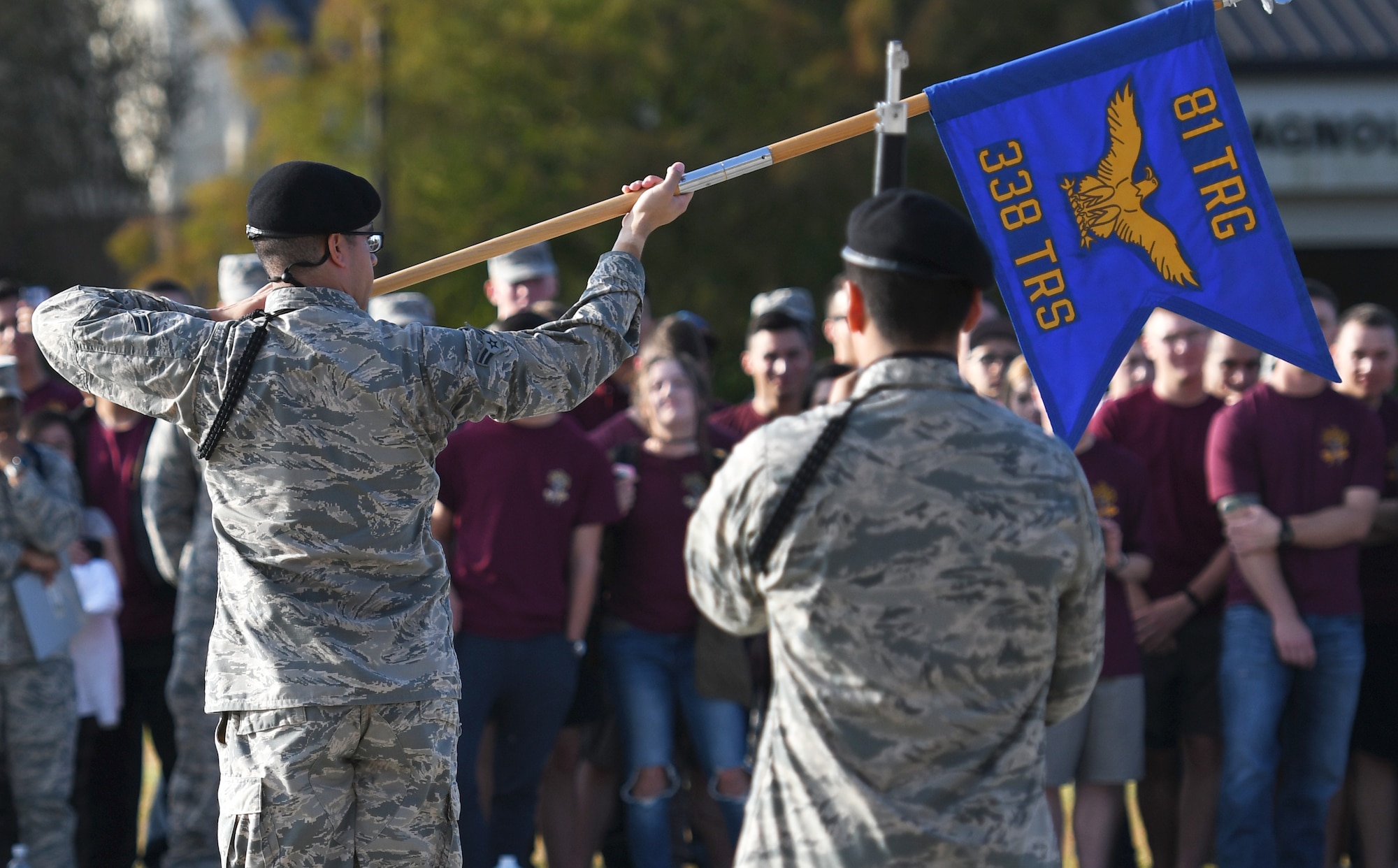 Airman 1st Class Cameron Mayes, 338th Training Squadron freestyle drill team member, performs during the 81st Training Group drill down on the Levitow Training Support Facility drill pad Nov. 3, 2017, on Keesler Air Force Base, Mississippi. Airmen from the 81st TRG competed in the final quarterly open ranks inspection, regulation drill routine and freestyle drill routine. The 338th TRS Dark Knights took first place this quarter, while the 334th TRS Gators took first place for the year. (U.S. Air Force photo by Kemberly Groue)