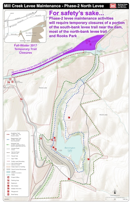 Please, stay safe! Do not enter phase-2 levee maintenance work zones. The Corps will continue to announce work progress and temporary impacts to visitor access. Visitors are also encouraged to look for trail-closure updates on information kiosks located at major trailheads and on the Mill Creek Project’s Facebook page.