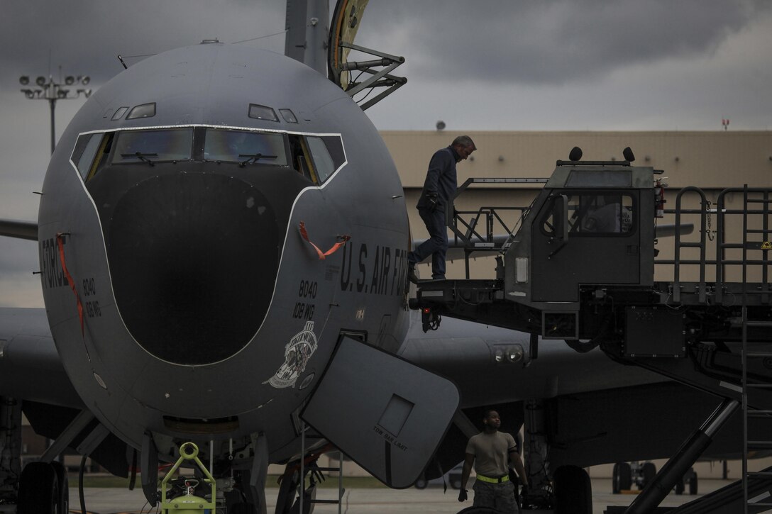Airmen from the 305th Air Mobility Wing load supplies and gear on to a KC-135 Stratotanker from the New Jersey Air National Guard's 108th Wing on Joint Base McGuire-Dix-Lakehurst, N.J., Oct. 16, 2017. The 108th Wing transported soldiers and gear from the New Jersey Army National Guard's 44th Infantry Brigade Combat Team to Puerto Rico to assist in the continued recovery efforts in the wake of Hurricane Maria. (U.S. Air National Guard photo by Master Sgt. Matt Hecht)