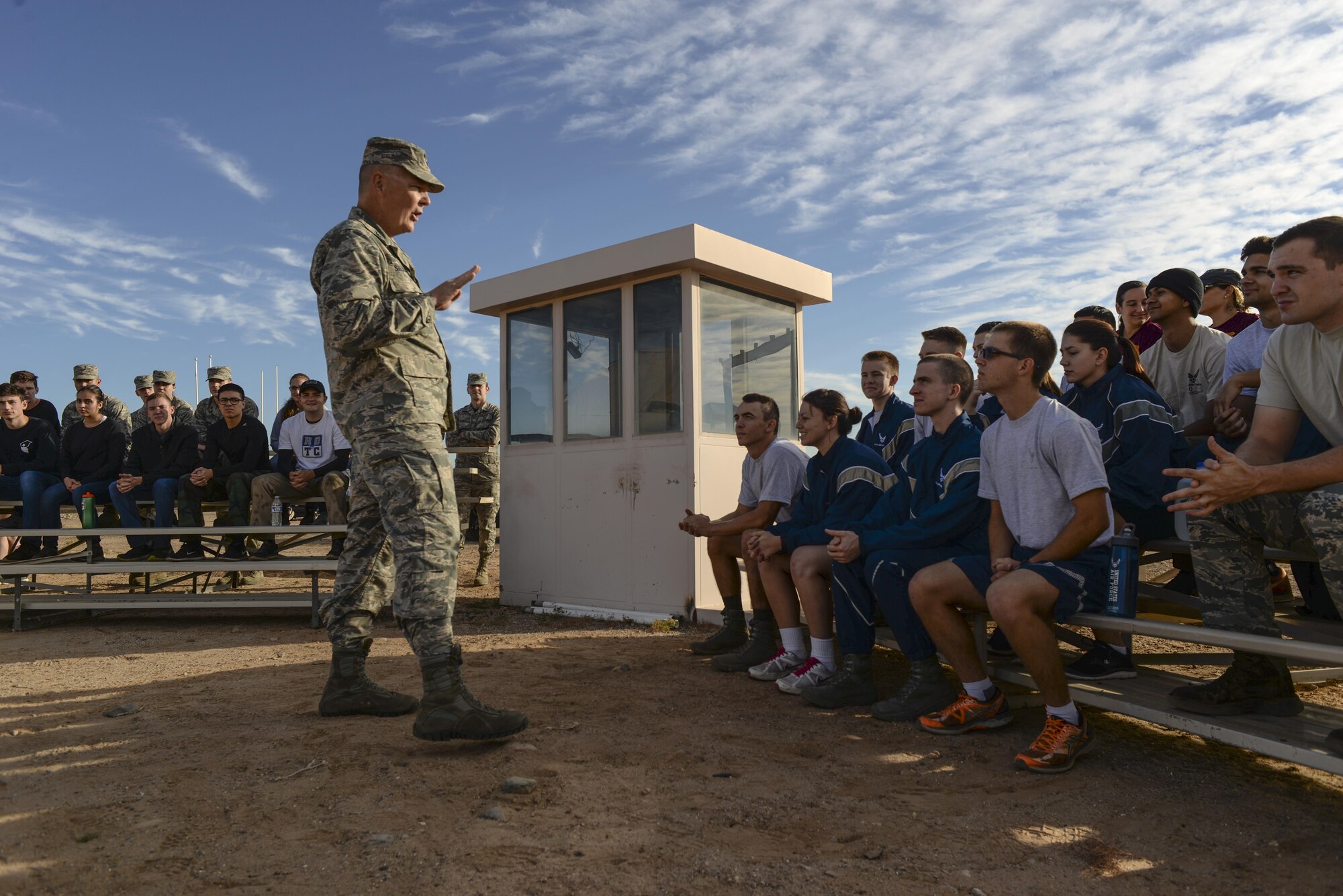 Col. Robert Sylvester, 56th Mission Support Group commander, gives a speech to ROTC cadets from local detachments before the start of the 4th annual Luke Mudder at Luke Air Force Base, Ariz., Nov. 3, 2017. Approximately 70 cadets attended the event to compete against one another and receive mentorship from current active duty officers. (U.S. Air Force photo/Airman 1st Class Caleb Worpel)