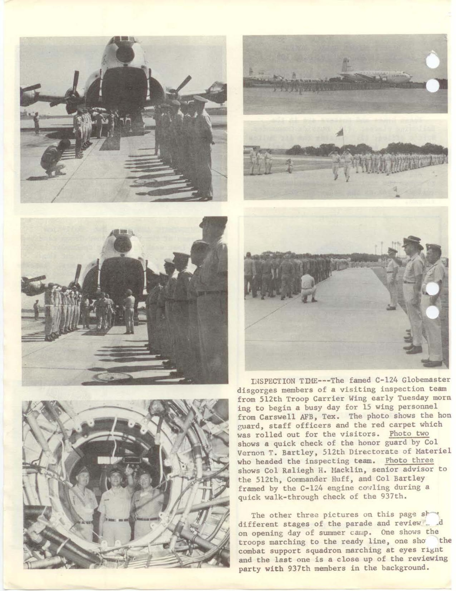 This is an excerpt of the Sooner Newspaper from 1967 detailing an inspection of the 937th Military Airlift Group, U.S. Air Force Reserve.  The 937th Troop Carrier Group, (later the 937th Air Transport Group and then 937th Military Airlift Group) activated here on January 17, 1963, due to a reorganization by Continental Air Command to better facilitate the mobilization of Reserve forces when needed. (U.S. Air Force Photo)
