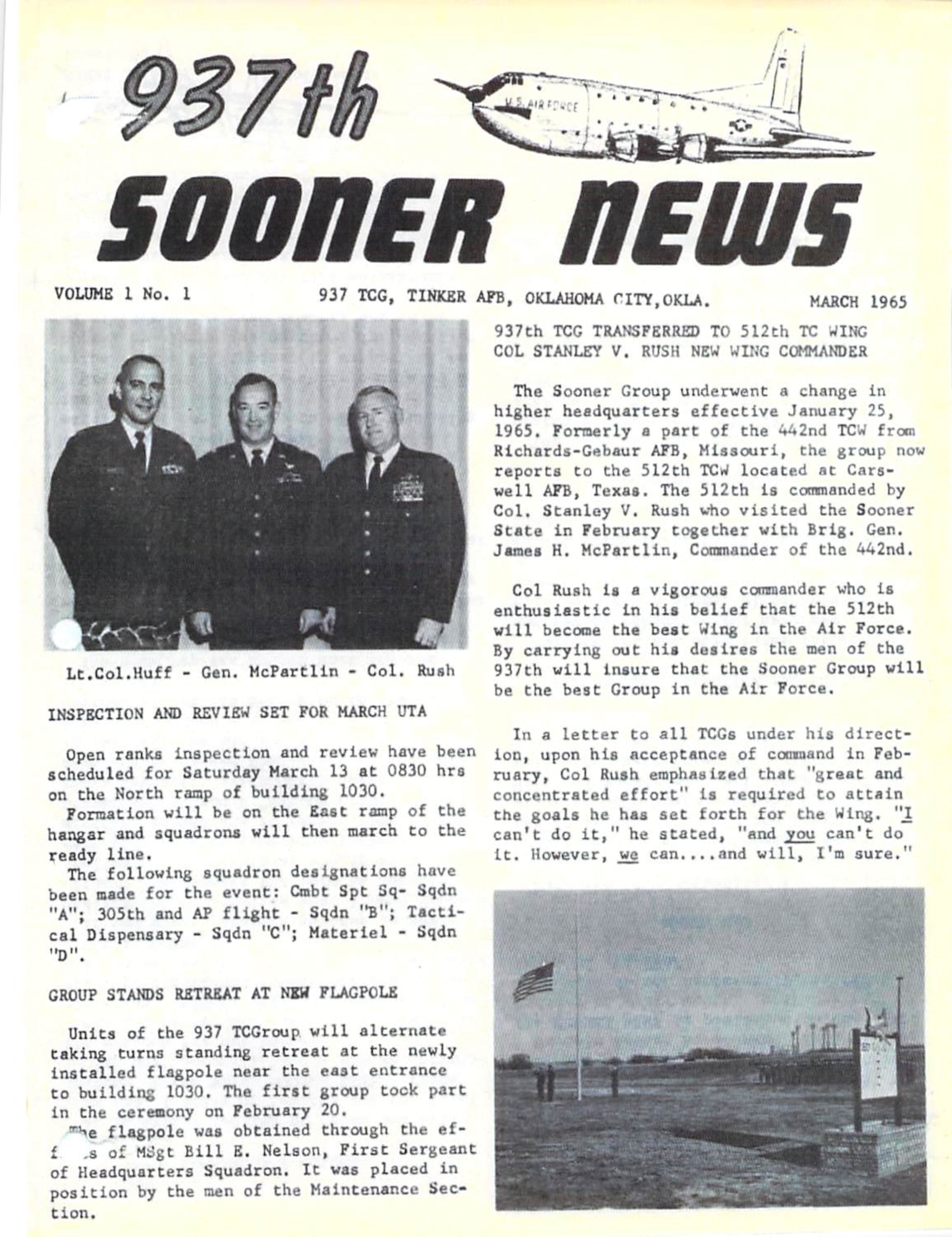 This is the cover of the first 937th Troop Carrier Group Sooner News newspaper from March, 1965.  The Newspaper details transfer of the “Sooner Group” to the 512th Troop Carrier Wing at Carswell Air Force Base, Texas.  The 937th was an early U.S. Air Force Reserve unit stationed at Tinker Air Force Base, Okla. The 937th TCG, (later the 937th Air Transport Group and then 937th Military Airlift Group) activated here on January 17, 1963, due to a reorganization by Continental Air Command to better facilitate the mobilization of Reserve forces when needed. (U.S. Air Force Photo)