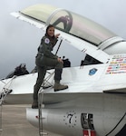Brittany Morin, founder and CEO of Brit and Company, gets ready to fly with the U.S. Air Force Aerial Demonstration Squadron "Thunderbirds" at the 2017 Joint Base San Antonio Air Show and Open House Nov. 4, 2017.  Morin got the opportunity to see first-hand the teamwork and precision needed to deliver combat airpower around the world.