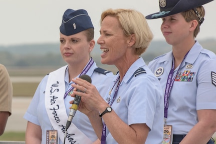 Brig. Gen. Heather Pringle, 502nd Air Base Wing and Joint Base San Antonio commander, delivers the opening remarks at the 2017 JBSA Air Show and Open House Nov. 4, 2017, at JBSA-Lackland, Kelly Field. The 2017 Air Show and Open House is taking place Nov. 4-5 and is open for free to the public. (U.S. Air Force photo by Senior Airman Stormy Archer)