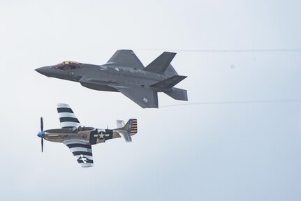 The F-35 Lightning II Heritage Flight performs at the Joint Base San Antonio Air Show and Open House Nov. 4, 2017, at JBSA-Lackland, Kelly Field, Texas. The F-35A Heritage Flight Team at Luke Air Force Base teams up with Air Force Heritage flight exhibiting the professional qualities the Air Force develops in the people who fly, maintain and support these aircraft.