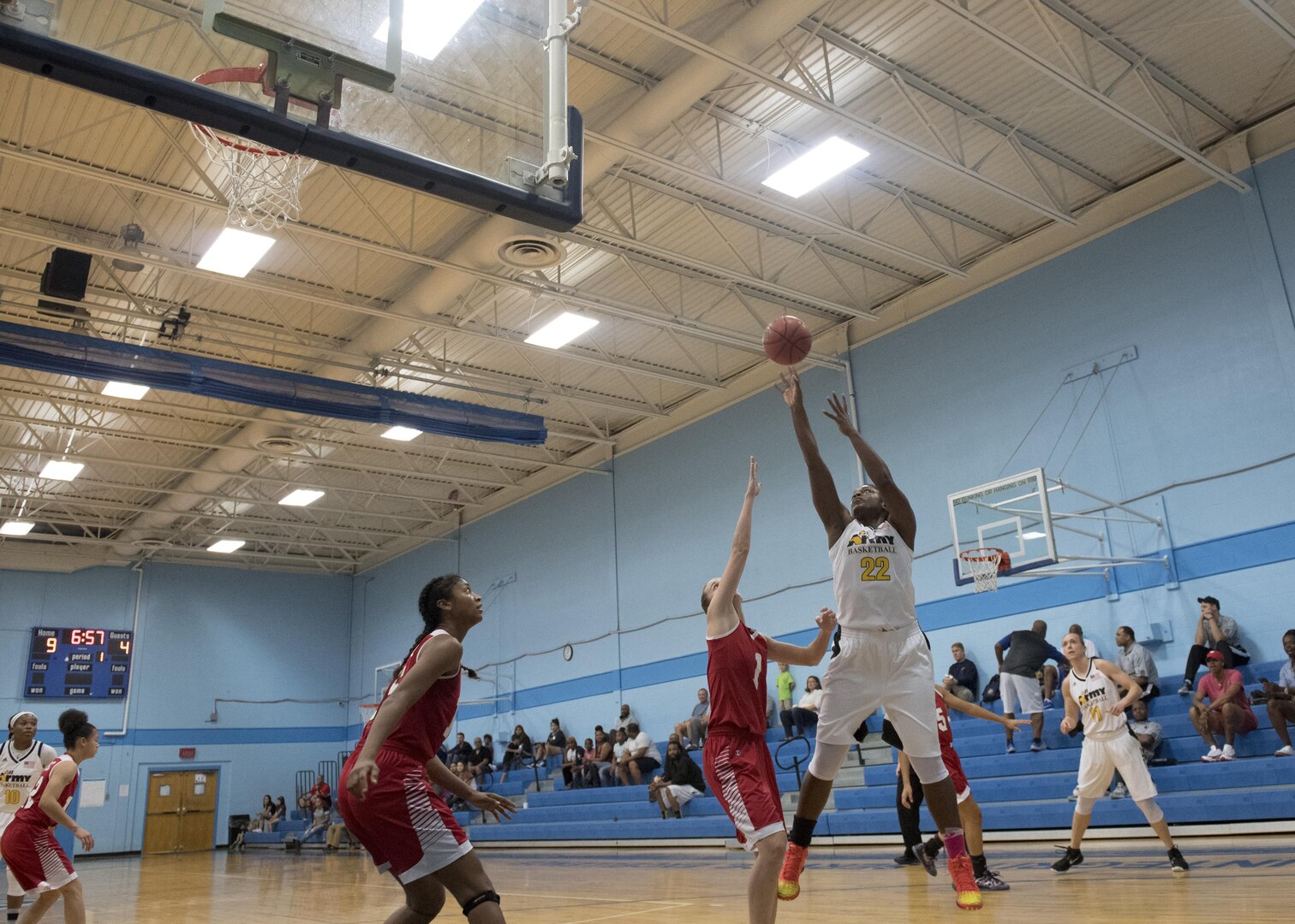 SAN ANTONIO (Nov. 04, 2017) - U.S. Army Sgt. 1st Class April Cromartie, assigned to Fort Jackson, S.C., takes a shot during a basketball game. The 2017 Armed Forces Basketball Championship is held at Joint Base San Antonio, Lackland Air Force Base from 1-7 November. The best two teams during the double round robin will face each other for the 2017 Armed Forces crown. (U.S. Navy photo by Mass Communication Specialist 2nd Class Christopher Frost/Released)