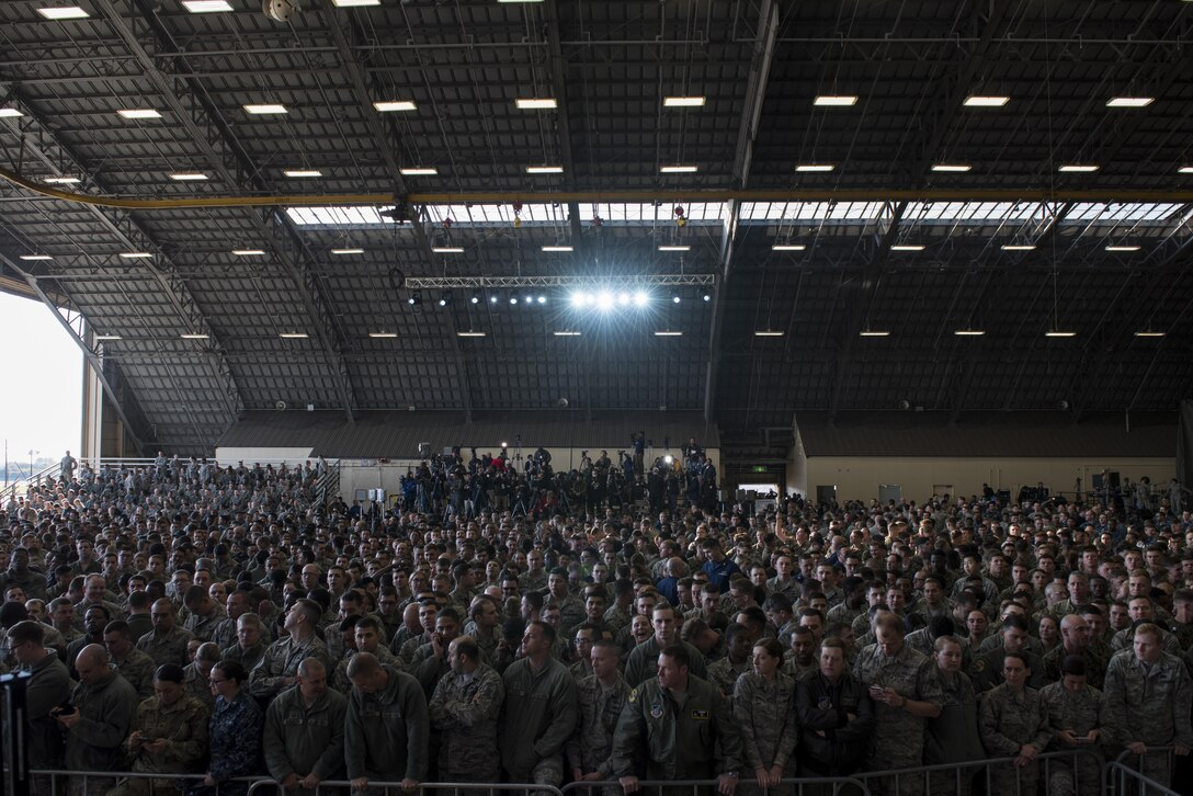 U.S. and Japanese military members wait for the arrival of President Donald J. Trump, before a Troop Talk, Nov. 5, 2017, at Yokota Air Base, Japan.