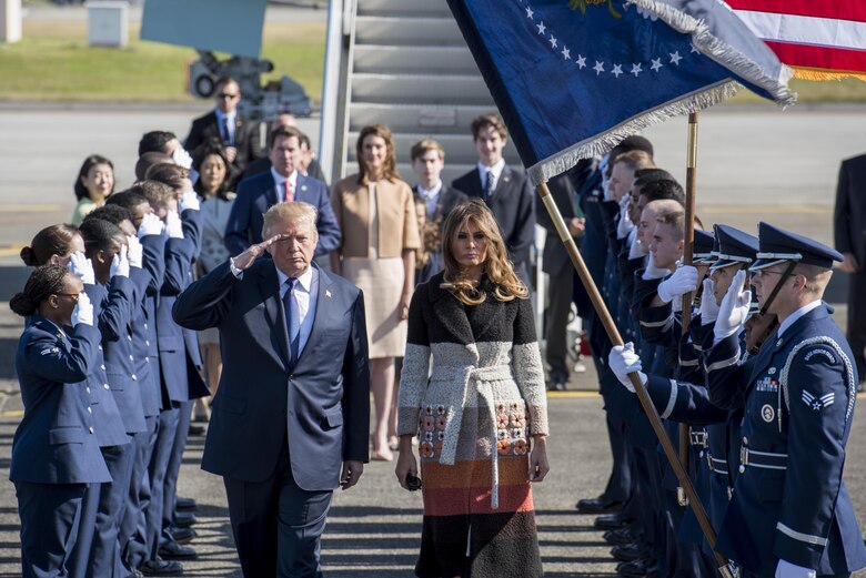 President Donald J. Trump and First Lady Melania Trump are greeted to Japan by the Yokota Air Base Honor Guard, Nov. 5, 2017, at Yokota Air Base, Japan.