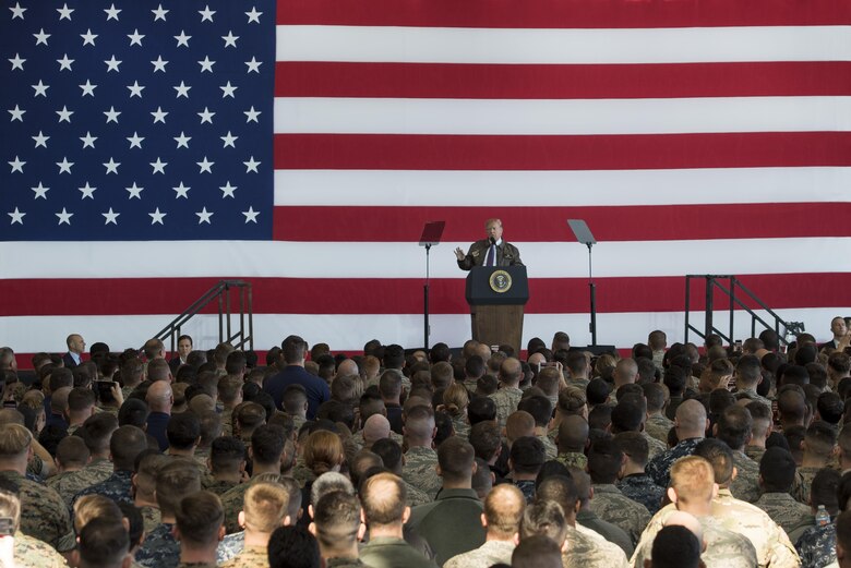 President Donald J. Trump speaks to service members and their families during a Troop Talk, Nov. 5, 2017, at Yokota Air Base, Japan.