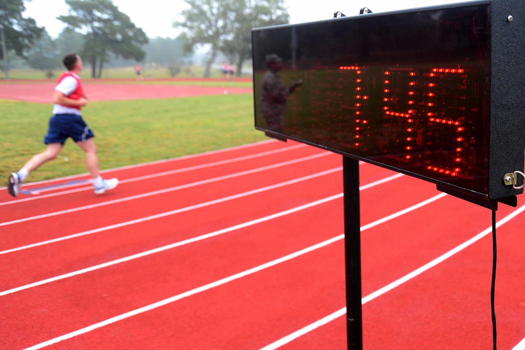 U.S. Air Force Airmen assigned to the 916th Air Refueling Wing conduct their fitness assessments at Seymour Johnson Air Force Base, N.C., Nov. 5, 2017. The fitness assessment ensures Airmen are fit to fight by testing them on three components, body composition, aerobics, and muscular fitness. (U.S. Air Force photo by Senior Airman Kayla Newman)