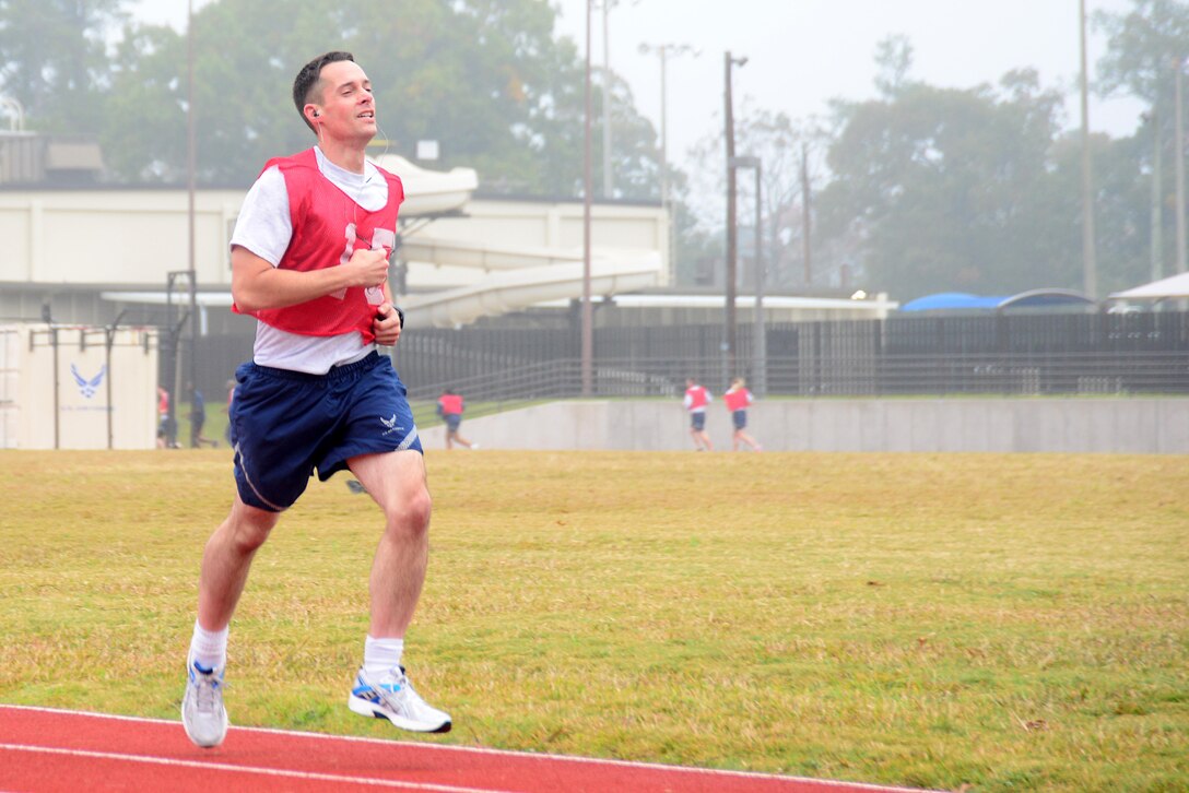 U.S. Air Force Airmen assigned to the 916th Air Refueling Wing conduct their fitness assessments at Seymour Johnson Air Force Base, N.C., Nov. 5, 2017. The fitness assessment ensures Airmen are fit to fight by testing them on three components, body composition, aerobics, and muscular fitness. (U.S. Air Force photo by Senior Airman Kayla Newman)