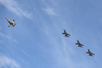 F-16 Fighting Falcons from the 149th Fighter Wing perform a fly over at the 2017 Joint Base San Antonio Air Show and Open House Nov. 5, 2017, at JBSA-Lackland, Kelly Field, Texas. The 149th Fighter Wing is an F-16 flying training unit that includes a support group with a worldwide mobility commitment. The cornerstone of the 149 FW's flying mission is the 182d Fighter Squadron, whose role is to take pilots, either experienced aircrew or recent graduates from USAF undergraduate pilot training, and qualify them to fly and employ the F-16. (U.S. Air Force photo by Senior Airman Stormy Archer)
