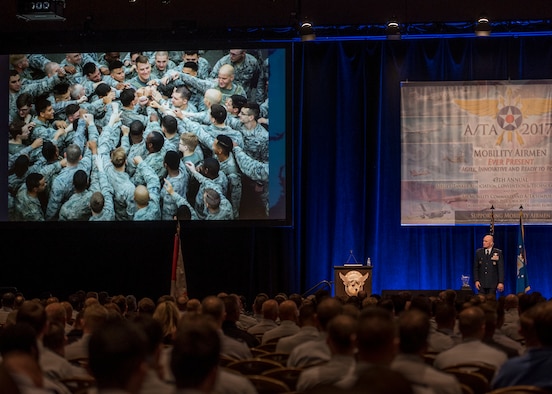 Gen. Carlton D. Everhart II, Air Mobility Command commander, gves the closing address for the Airlift/Tanker Association Symposium in Orlando, Fla., Oct. 26, 2017. A/TA provides leadership the opportunity to better understand the impact that more than 124,000 Total Force Mobility Airmen have on the global mobility mission. (U.S. Air Force photo by Tech. Sgt. Jodi Martinez)