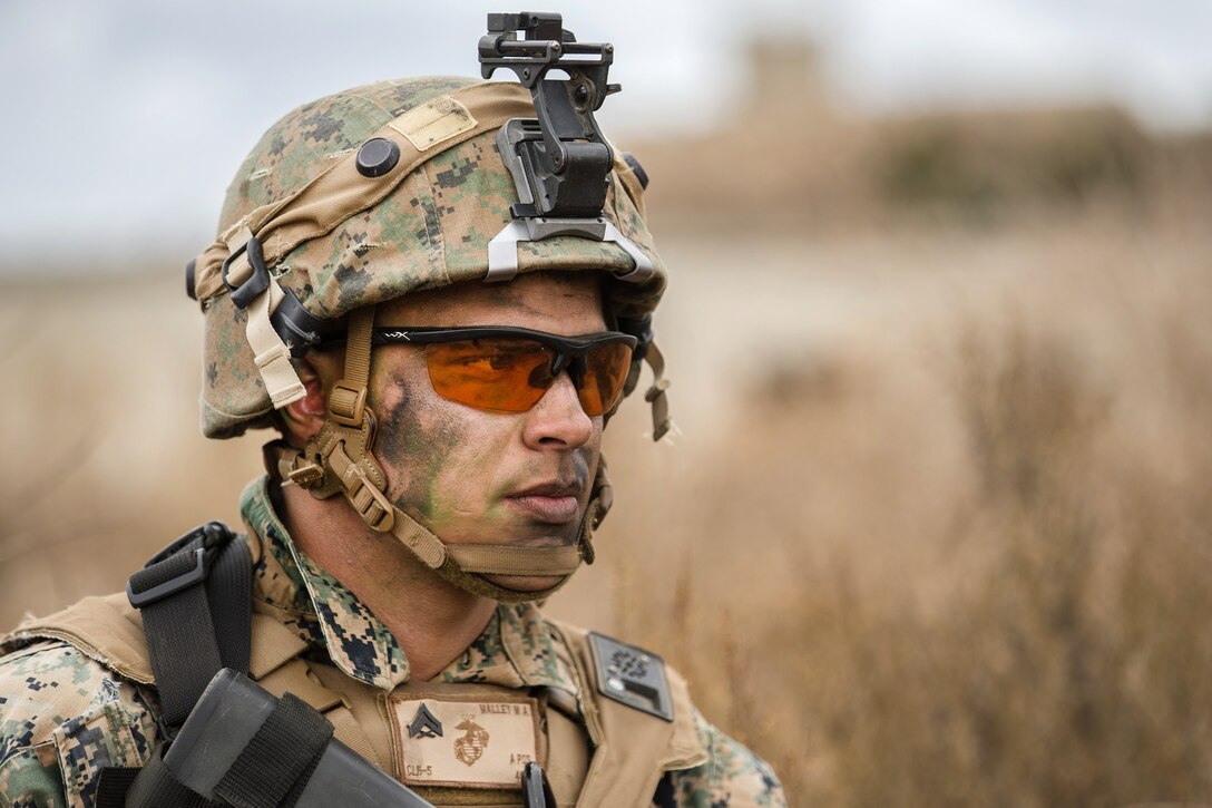 Marine Corps Cpl. Michael Malley provides security for members of his squad during a Sapper Leaders Course.