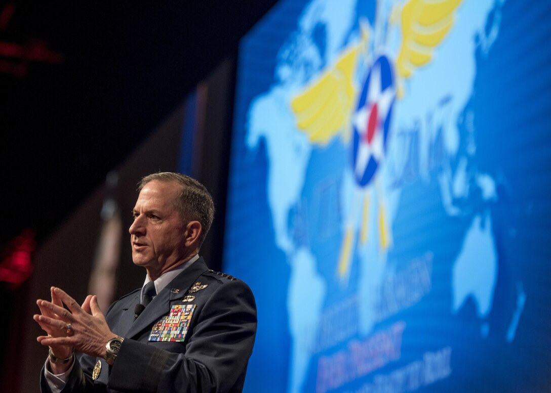 Cheif of Staff of the Air Force David Goldfein speaks during the Airlift/Tanker Association Symposium in Orlando, Fla., Oct. 26, 2017. Goldfein stressed the importance of taking control of the space mission, working more cognitively to defeat adversaries, and taking care of the Airmen. This year’s conference theme, “Mobility Airmen: Agile, Innovative and Ready to Roll,” provides Air Force leadership, industry experts, and academia an opportunity to work together with current and former Mobility Airmen from around the world to discuss issues and challenges facing America and the Air Mobility community. A/TA provides leadership the opportunity to better understand the impact that more than 124,000 Total Force Mobility Airmen have on the global mobility mission. (U.S. Air Force photo by Tech. Sgt. Jodi Martinez)