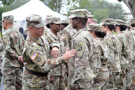 The 4th Brigade, 100th Training Division, officially transitioned to the 94th Training Division - Force Sustainment during a patch ceremony at Fort Sam Houston, Texas on Nov. 3, 2017. Soldiers assigned to the 4th Brigade serve as instructors for the 68 military occupational series. (U.S Army Reserve Photo by Sgt. 1st Class Emily Anderson)