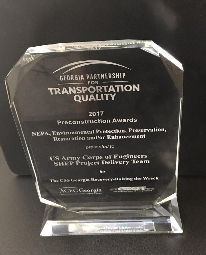 The Corps’ Savannah Harbor Expansion Project Delivery Team, which led the CSS Georgia recovery efforts, won the Georgia Partnership for Transportation Quality’s Preconstruction Design Award in the NEPA, Environmental Protection, Preservation, Restoration and/or Enhancement Category. The awards recognize engineering teams and firms for innovative transportation and infrastructure projects across the state of Georgia.