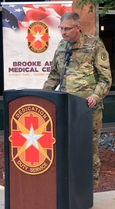 Brooke Army Medical Center commanding general Brig. Gen. Jeffrey Johnson addresses members of the media Nov. 6, 2017 during a press conference about the victims of the mass shooting in Sutherland Springs, Texas. As part of the San Antonio trauma system, Brooke Army Medical Center received eight patients -- six adults and two minors.