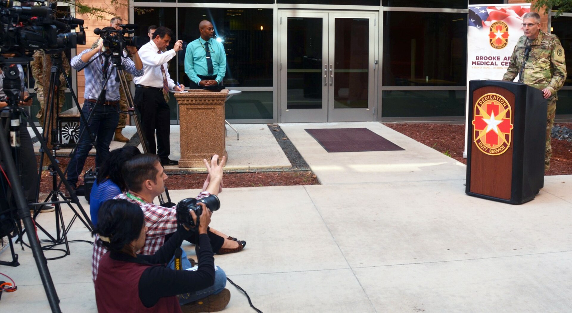 Brooke Army Medical Center commanding general Brig. Gen. Jeffrey Johnson addresses members of the media Nov. 6, 2017 during a press conference about the victims of the mass shooting in Sutherland Springs, Texas. As part of the San Antonio trauma system, Brooke Army Medical Center received eight patients -- six adults and two minors.
