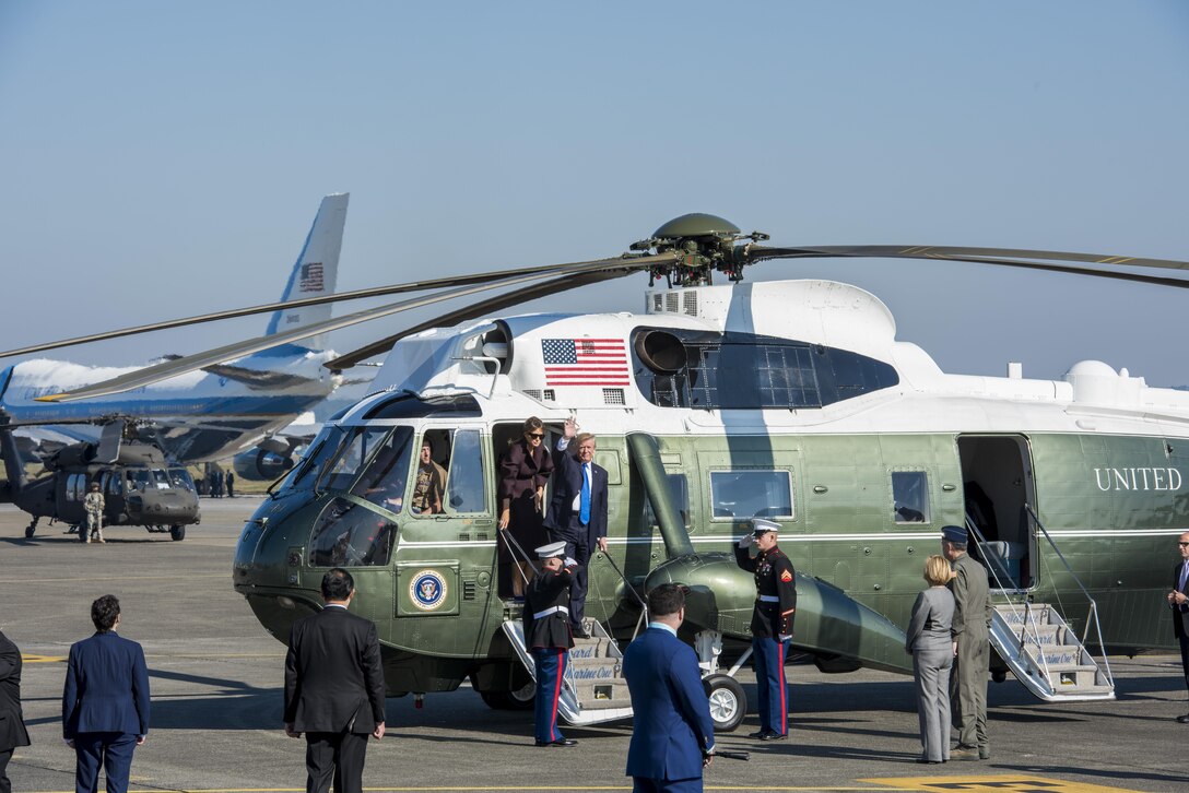 President Donald J. Trump waves from Marine One to media and service members, Nov. 7, 2017, at Yokota Air Base, Japan.