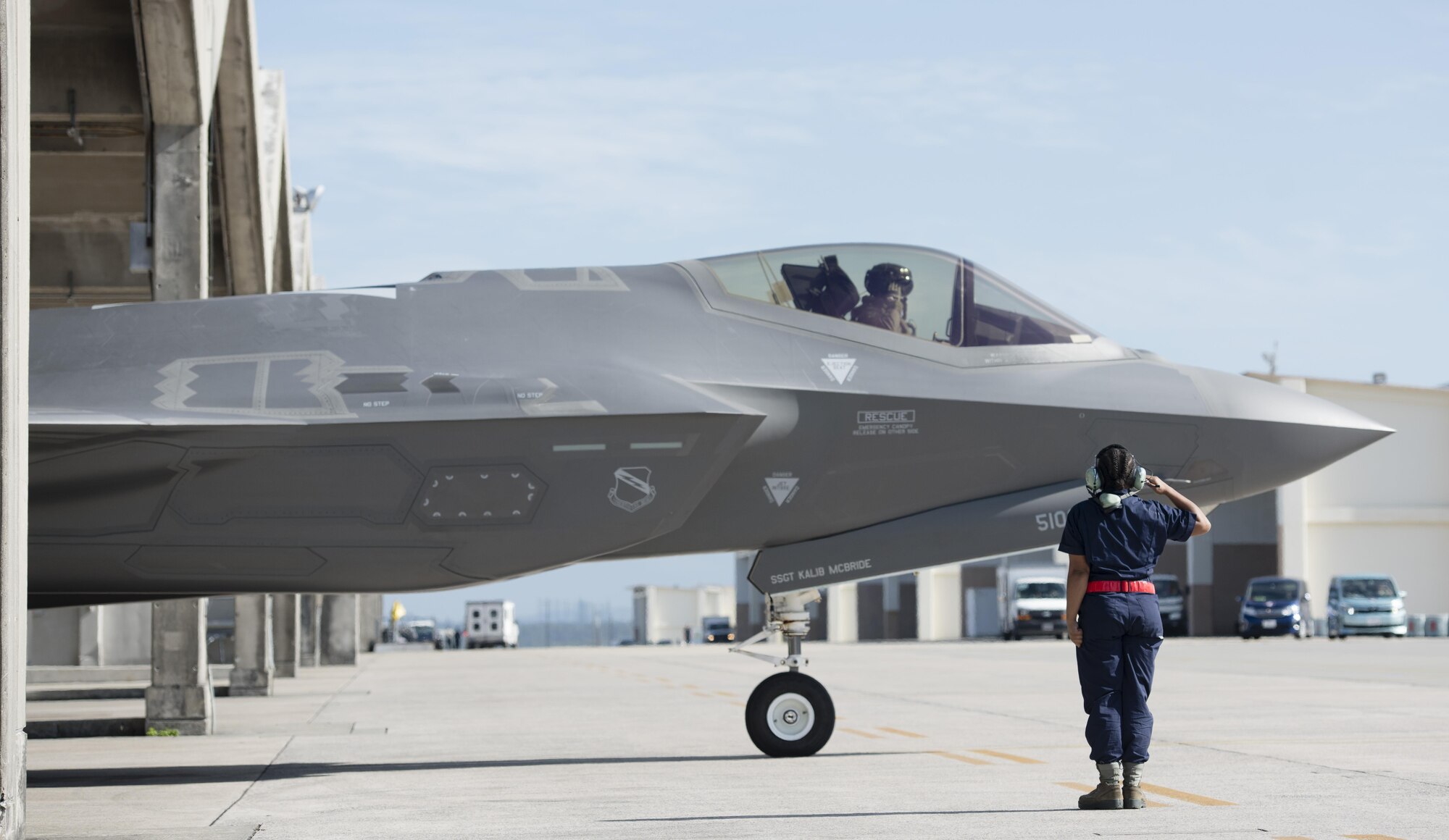 A U.S. Air Force F-35A Lightning II from Hill Air Force Base, Utah, taxis for take-off at Kadena Air Base, Japan, Nov. 7, 2017. The F-35A is deployed under U.S. Pacific Command’s theater security package program, which has been in operation since 2004. (U.S. Air Force photo by Senior Airman Omari Bernard)