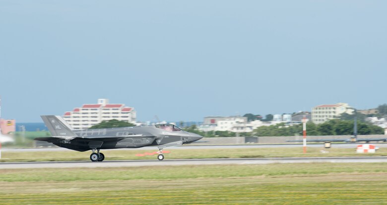 A U.S. Air Force F-35A Lightning II from Hill Air Force Base, Utah, takes off from the runway at Kadena Air Base, Japan, Nov. 7, 2017. F-35 Lightning II is a 5th-generation stealth fighter developed to safely penetrate areas without enemy radar seeing it. (U.S. Air Force photo by Senior Airman Omari Bernard)
