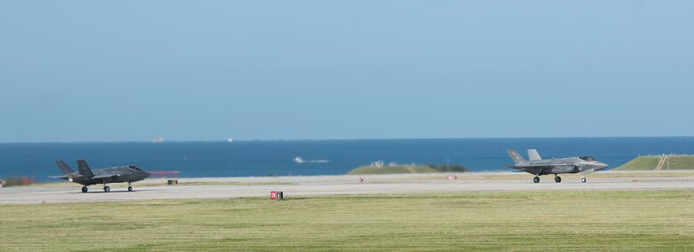 U.S. Air Force F-35A Lightning IIs from Hill Air Force Base, Utah, taxi for take-off at Kadena Air Base, Japan, Nov. 7, 2017. The F-35s deployment offers unique opportunities to integrate various forces into joint, coalition and bilateral training across many different environments. (U.S. Air Force photo by Senior Airman Omari Bernard)