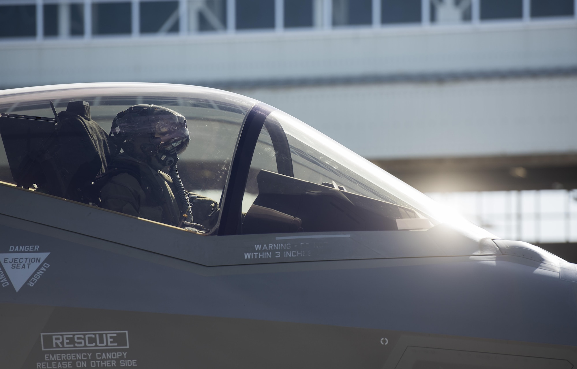 A U.S. Air Force F-35A Lightning II pilot from Hill Air Force Base, Utah, taxis for take-off at Kadena Air Base, Japan, Nov. 7, 2017. The theater security package program is designed to demonstrate the continuing U.S. commitment to stability and security in the region.  (U.S. Air Force photo by Senior Airman Omari Bernard)