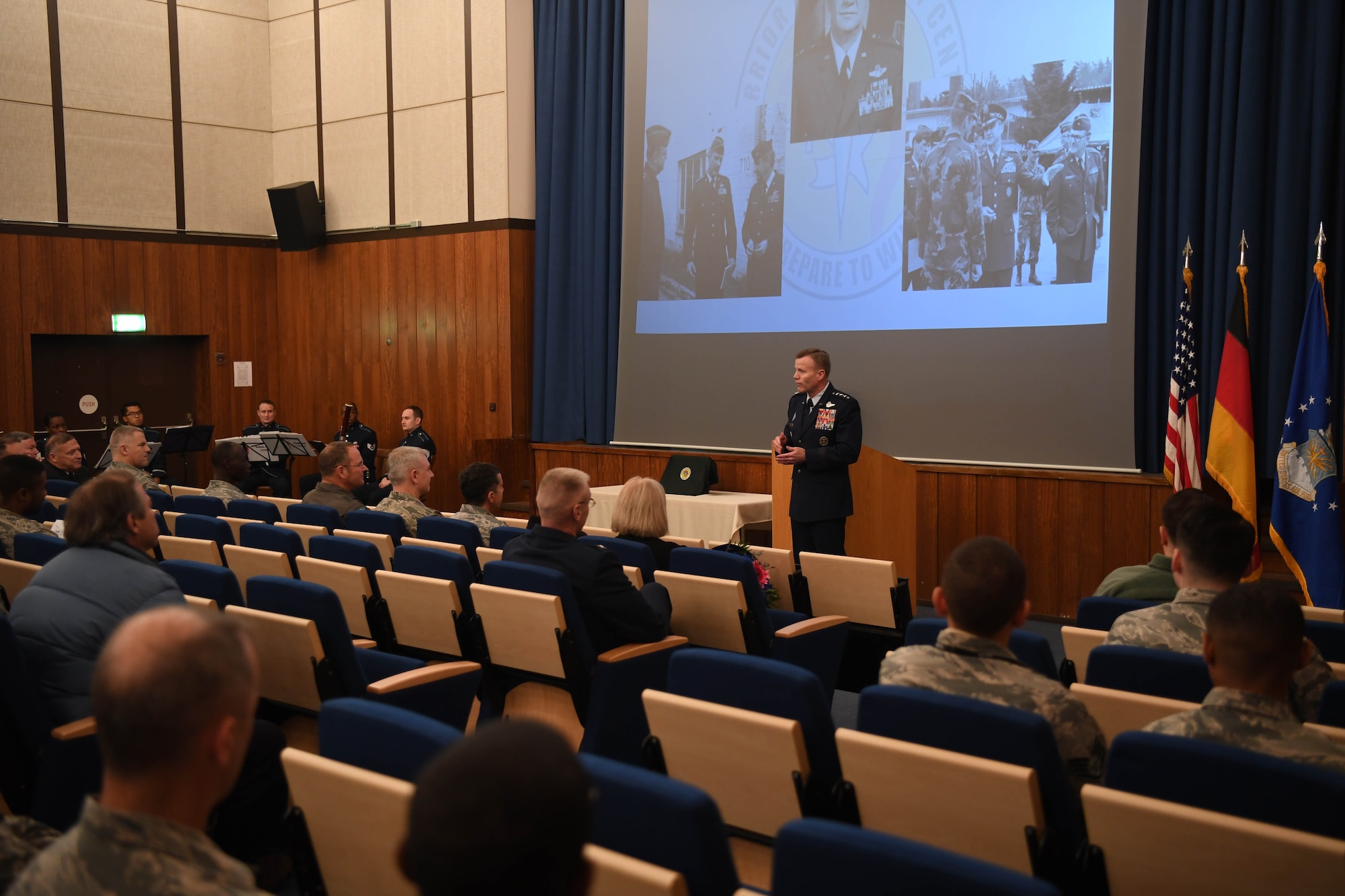 U.S. Air Force Gen. Tod D. Wolters, U.S. Air Forces in Europe-Air Forces Africa commander, speaks on the impact of the Warrior Preparation Center during the WPC theater dedication ceremony in honor of Gen. William L. Kirk, Nov. 6, 2017, Einsiedlerhof Air Station, Germany. Though 35 years have passed since its establishment, the WPC continues to lead the effort to enhance readiness in USAFE through collaboration and coordination with NATO allied air forces. (U.S. Air Force photo by Staff Sgt. Rachelle Coleman)