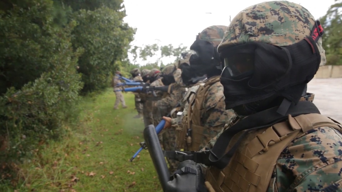Marines stand on line before commencing a Marine Corps Combat Readiness Evaluation at Camp Lejeune, N.C., Oct. 30. The Marines participated in the MCCRE to prepare for future operations. (U.S. Marine Corps video still by Cpl. Boston Berg)