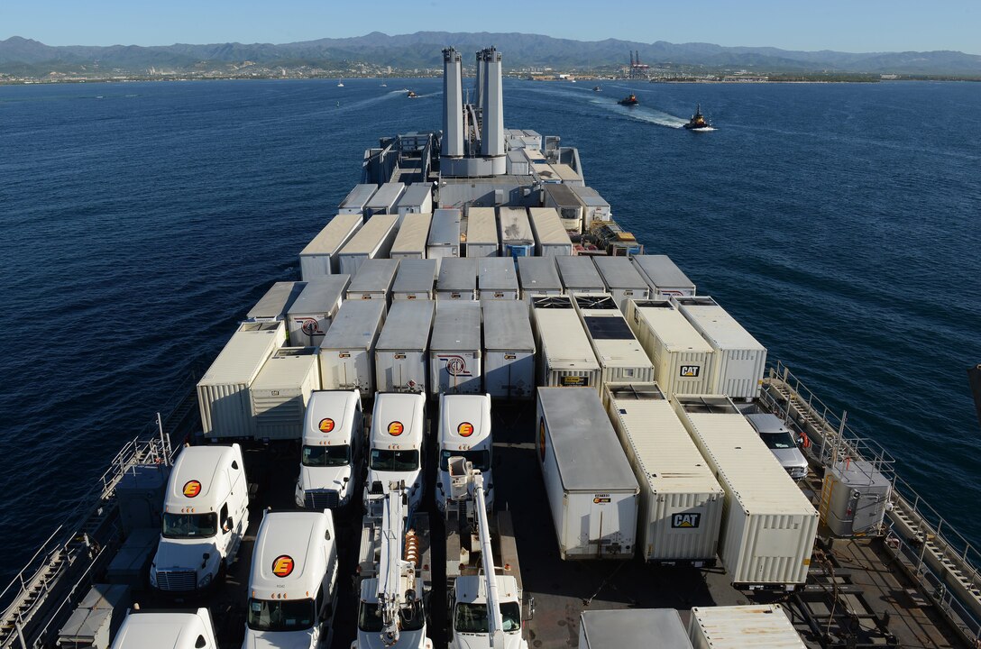 Military Sealift Command’s USNS Brittin arrives into the Port of Ponce, Puerto Rico, with 53-foot generator trailers and other supplies on Nov. 3, 2017.