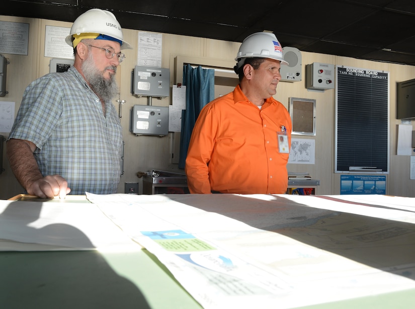 Alfred Murray, captain of Military Sealift Command’s USNS Brittin, and Felix Camacho Nogues, look out from the bridge of the vessel at the Port of Ponce, Puerto Rico, Nov. 3, 2017.