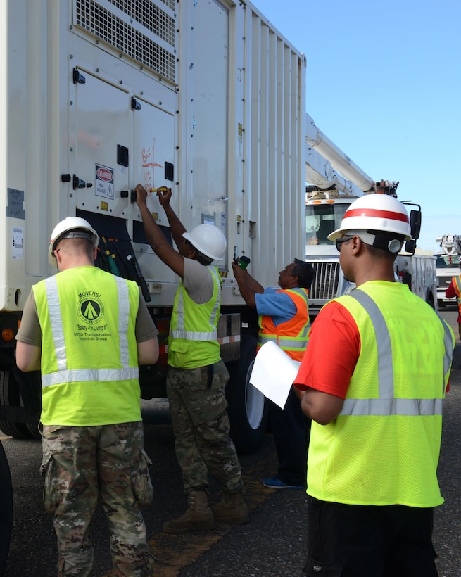 U.S. Army Soldiers assigned to the 832nd Transportation Battalion, 597th Transportation Brigade based at Joint Base Langley-Eustis, Va., mark and log a generator vehicle unloaded from Military Sealift Command’s USNS Brittin at the Port of Ponce, Puerto Rico, Nov. 4, 2017.