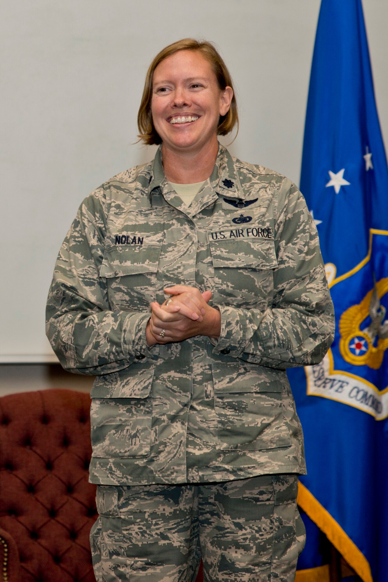 U.S. Air Force Reserve Lt. Col. Tara E. Nolan, commander, 96th Aerial Port Squadron, makes a few comments during the assumption of command ceremony for the 96 APS at Little Rock Air Force Base, Ark., Nov. 4, 2017.