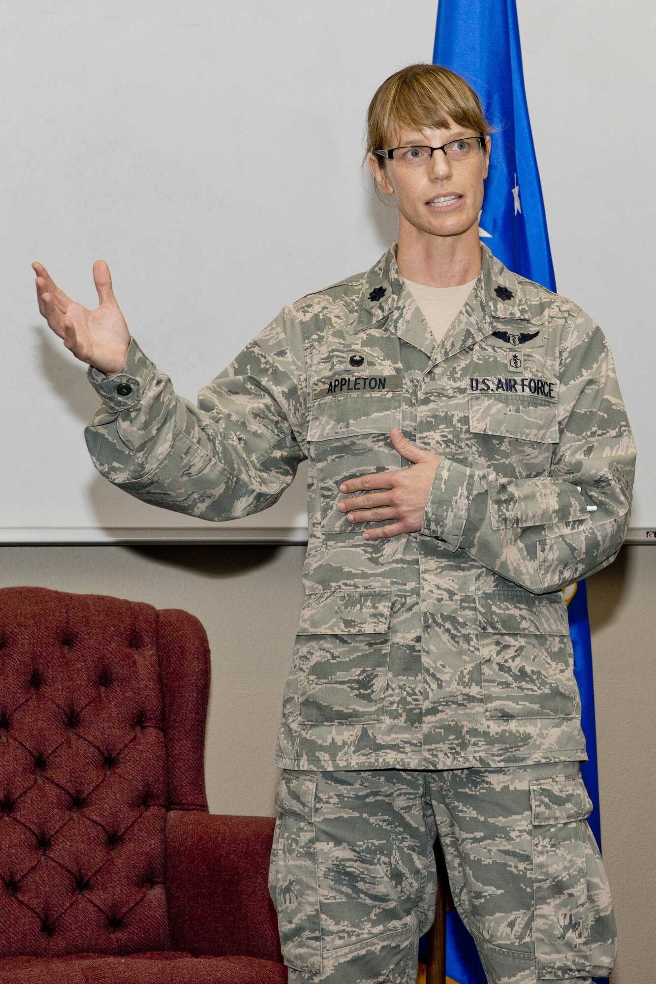U.S. Air Force Reserve Lt. Col. Charlotte C. Appleton, commander, 913th Aerospace Medical Squadron, speaks to the crowd during the assumption of command ceremony for the 913 AMDS at Little Rock Air Force Base, Ark., Nov. 5, 2017.