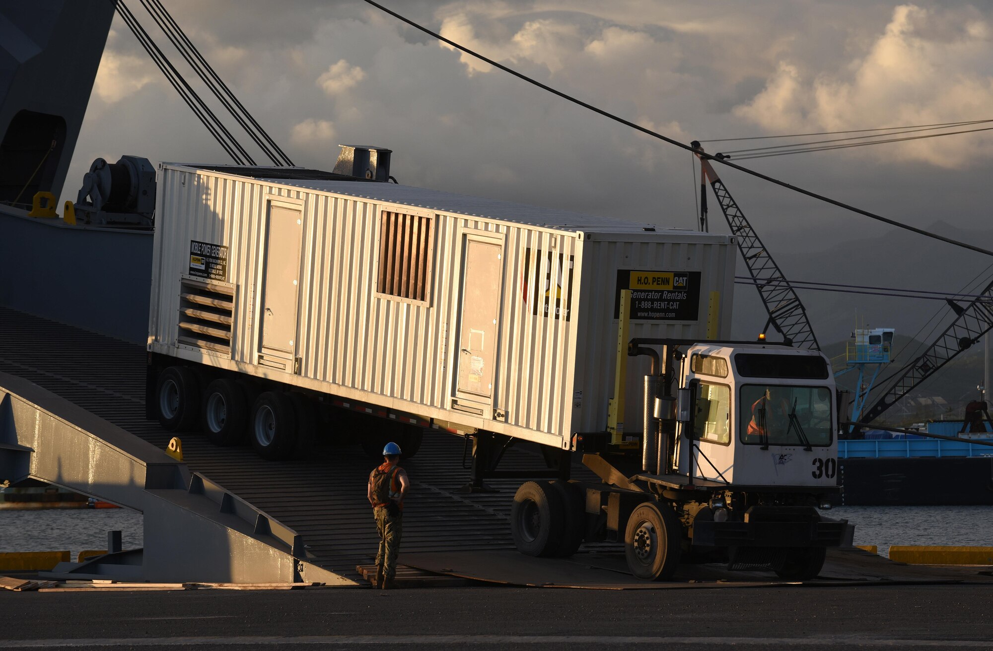 A 53-foot generator is unloaded from Military Sealift Command’s USNS Brittin at the Port of Ponce, Puerto Rico, Nov. 4, 2017.