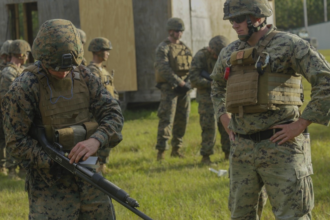 A Marine with 2nd Combat Engineer Battalion reloads a Mossberg 500 shotgun during a basic division engineer course at Camp Lejeune, N.C., Nov. 2, 2017. The basic division engineer course is a two-week course that allows Marines reporting to 2nd CEB to remain proficient and effective as combat engineers when attached to infantry units. (U.S. Marine Corps photo by Lance Cpl. Leynard Kyle Plazo)