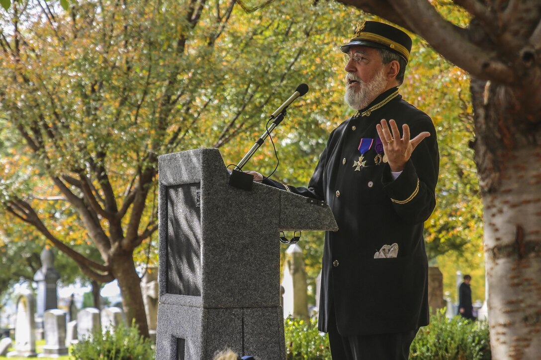 Ronald D. Anzalone, John P. Sousa impersonator, addresses the audience of Sousa’s birthday anniversary at the Congressional Cemetery, Washington D.C., Nov. 6, 2017. This year marks Sousa’s 163rd birthday and the 51st iteration of the Marine Band honoring its legendary director with a graveside birthday celebration. (Official Marine Corps photo by Cpl. Damon Mclean/Released)