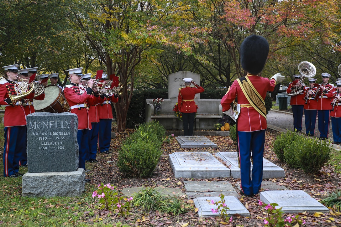 Captain Ryan J. Nowlin, assistant director, “The President’s Own” U.S. Marine Band, salutes the grave of John Philip Sousa during Sousa’s birthday celebration at the Congressional Cemetery, Washington D.C., Nov. 6, 2017. Today marks Sousa’s 163rd birthday and the 51st iteration of the Marine Band honoring its legendary director with a graveside birthday celebration. (Official Marine Corps photo by Cpl. Damon Mclean/Released)