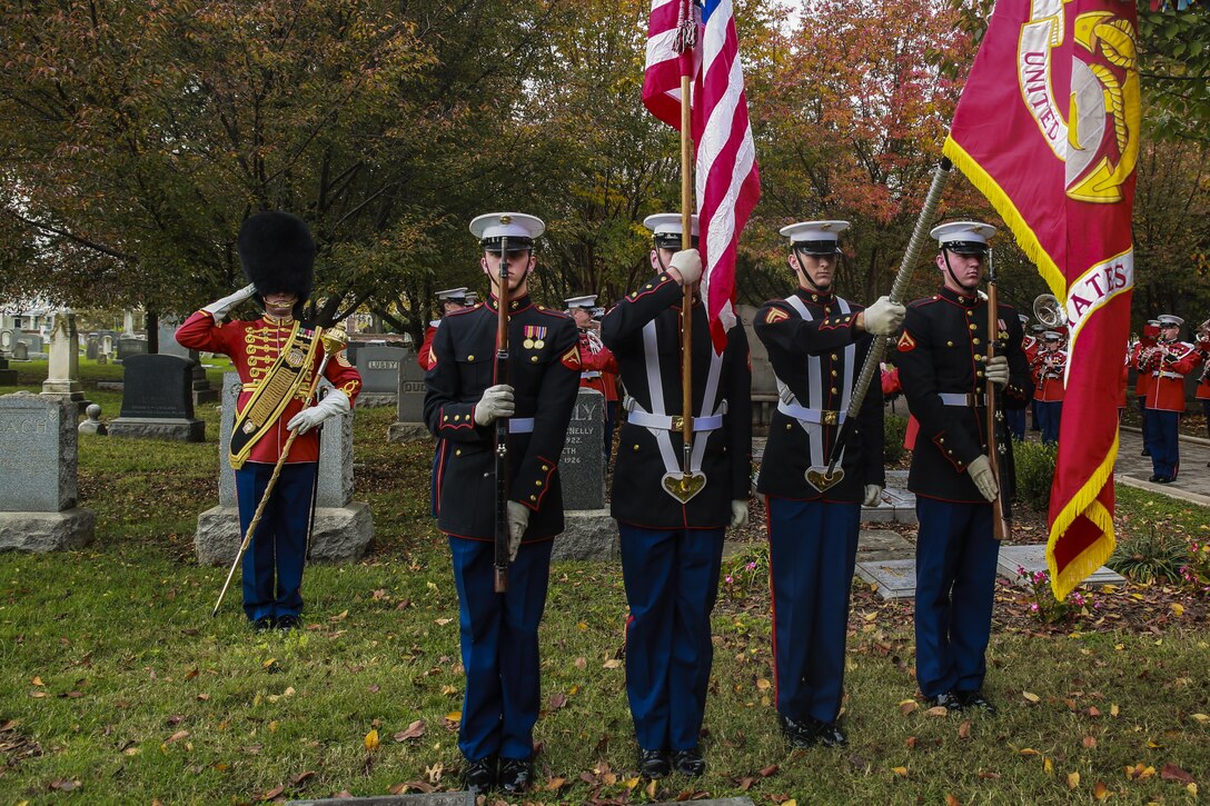 The U.S. Marine Corps Color Guard presents the National and Marine Corps Colors during John Philip Sousa’s birthday celebration at the Congressional Cemetery, Washington D.C., Nov. 6, 2017. Today marks Sousa’s 163rd birthday and the 51st iteration of the Marine Band honoring its legendary director with a graveside birthday celebration. (Official Marine Corps photo by Cpl. Damon Mclean/Released)