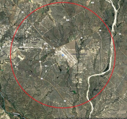 To ensure flying safety remains paramount in the airspace around Del Rio, Laughlin, and Laughlin Auxiliary Field, located near Spofford, Texas, Laughlin officials are asking all UAS, also called drones, operators to become knowledgeable and practice good general operating rules required to fly a UAS in the National Airspace System. This map shows a five mile radius around Laughlin AFB, Texas. The Federal Aviation Administration offers a free mobile application called “B4UFLY” that will show your current location and a circle around each airport that helps you determine if you should notify those airports. (Courtesy graphic)
