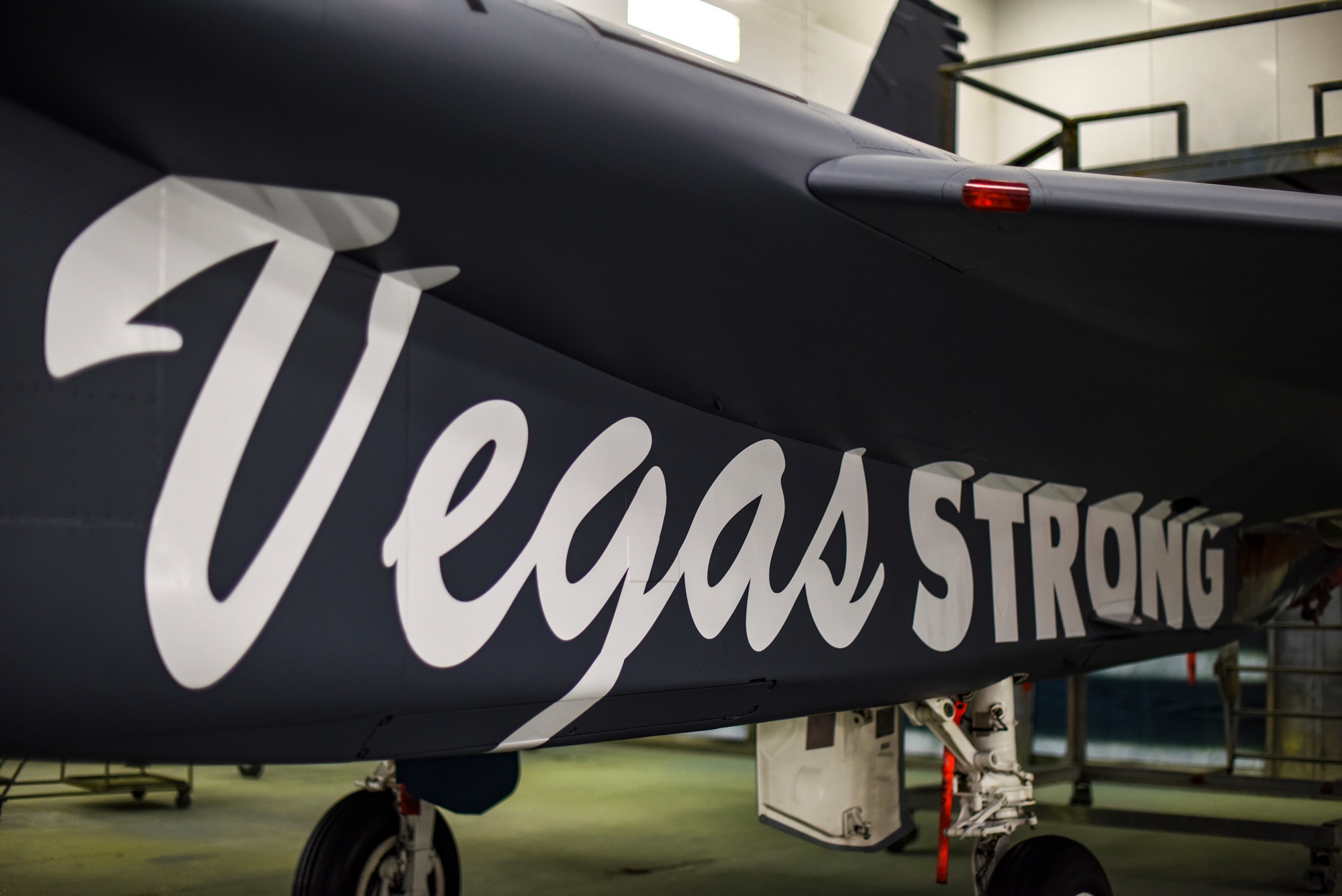 An F-15C Eagle bears the term Vegas Strong at Nellis Air Force Base, Nevada, Nov. 1, 2017. The aircraft was repainted to promote the unity between the Las Vegas community and Nellis AFB. (U.S. Air Force photo by Airman 1st Class Andrew D. Sarver/Released)